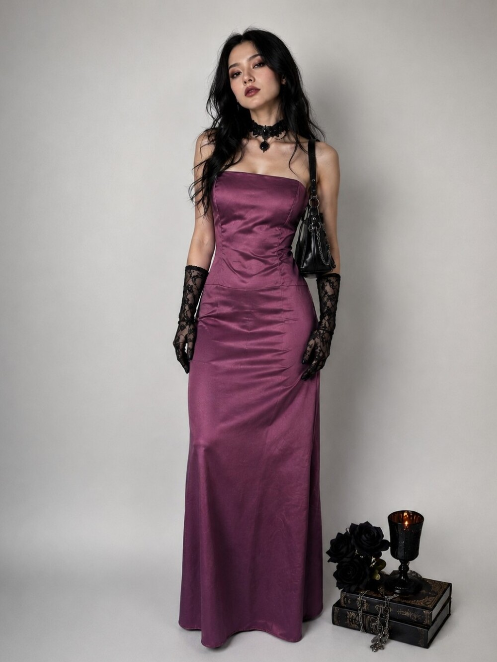 Goth Vintage 90s Strapless Satin Formal Dress in Plum